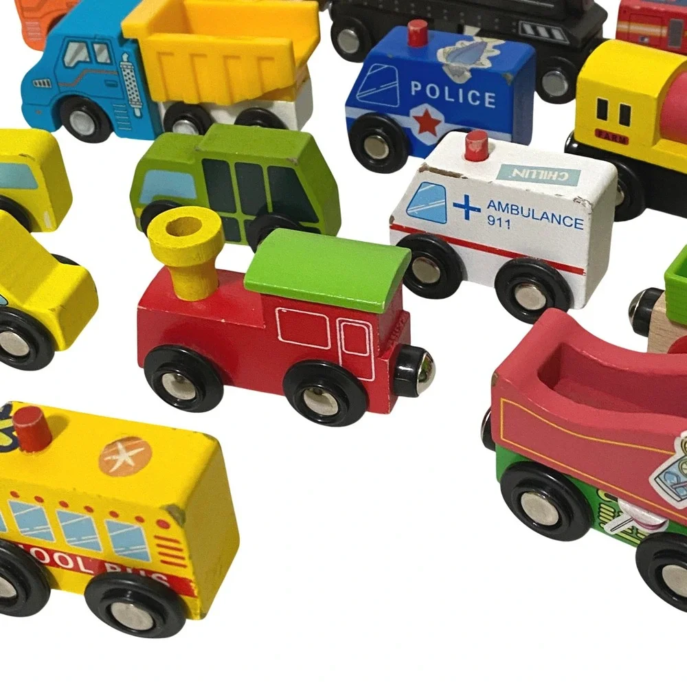 Wood Magnetic Wheels Mixed Lot Train Cars Trucks Vehicles 15 Piece Set Playtime